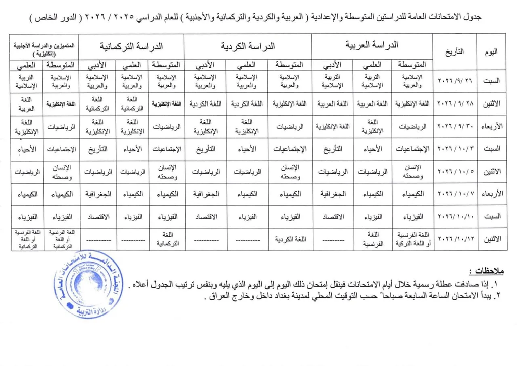 التربية تعلن جدول امتحانات الدور الخاص للدراستين المتوسطة والإعدادية