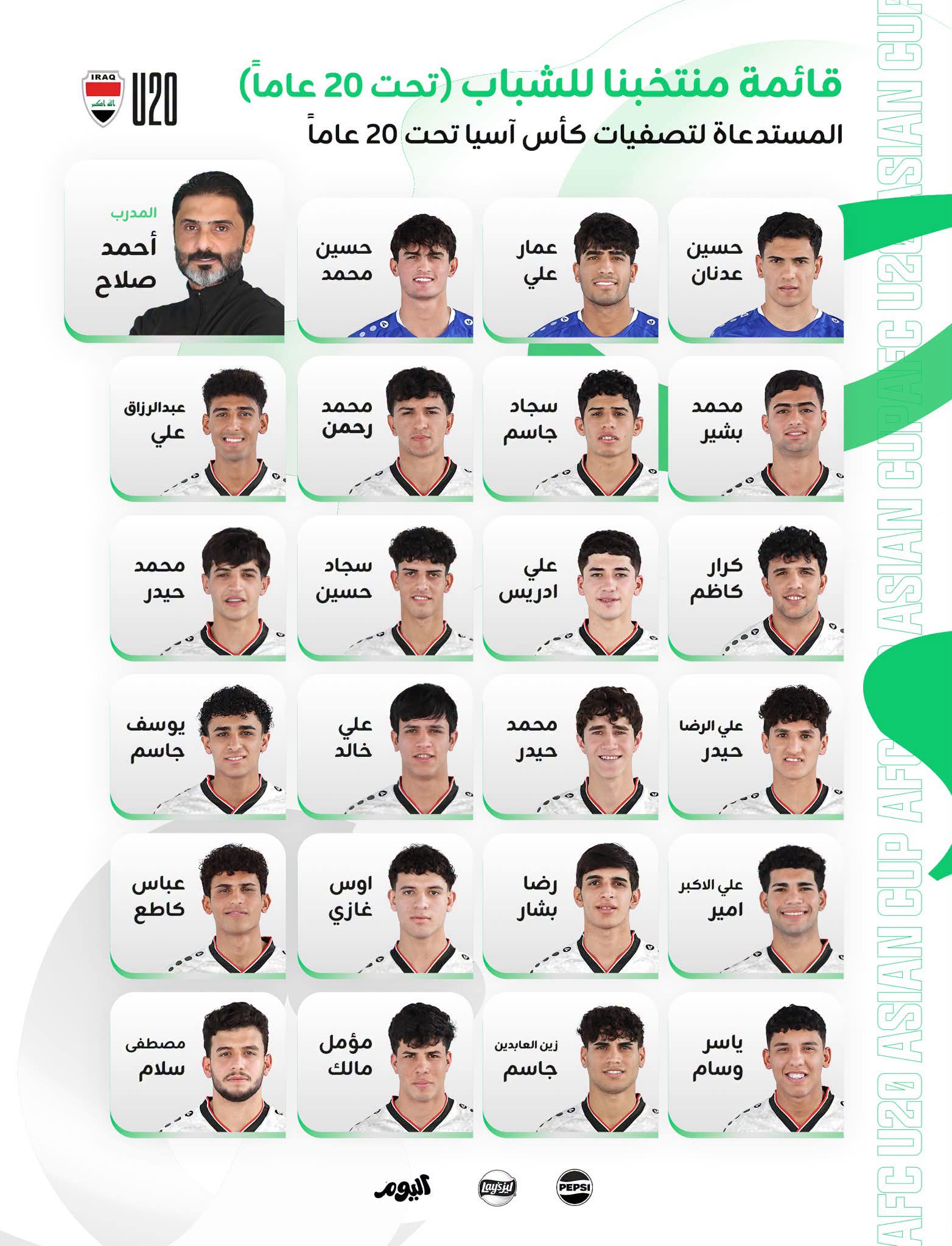القائمة الرسمية لمنتخب شباب العراق للمشاركة في تصفيات كأس آسيا (تحت 20 عامًا)